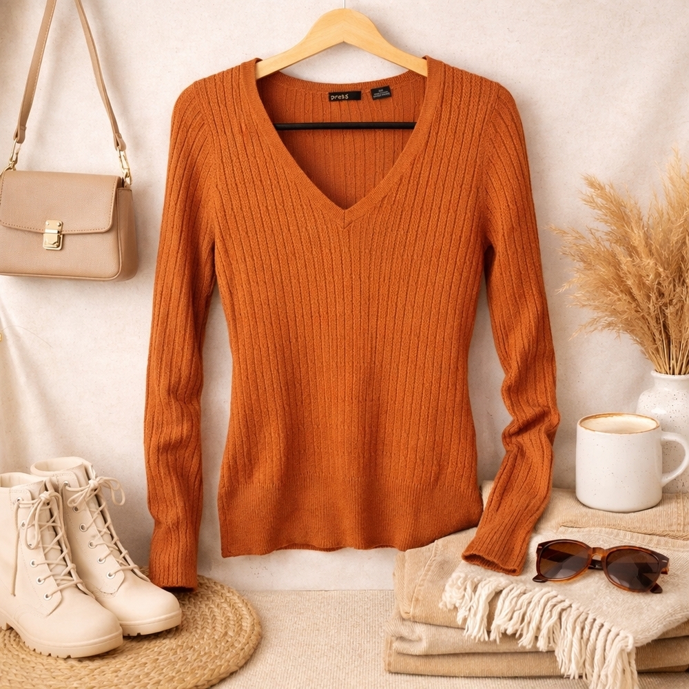 Express Ribbed V Neck Sweater Large Rust Burnt Orange Stretch Knit Top